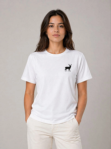 Kadın Minimal Geyik Logolu Tişört Bisiklet Yaka Kısa Kol Yazlık T-shirt - Beyaz