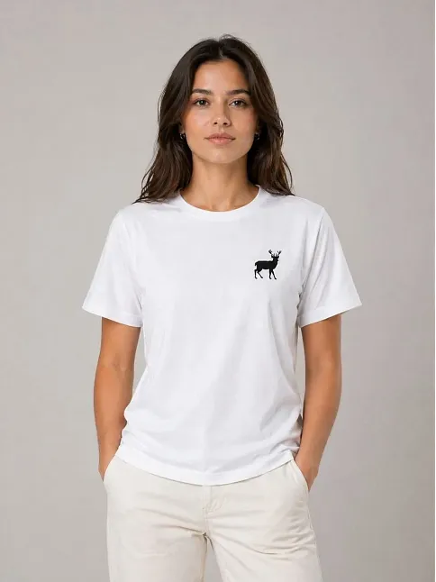 Kadın Minimal Geyik Logolu Tişört Bisiklet Yaka Kısa Kol Yazlık T-shirt - Beyaz