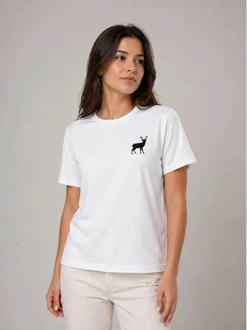 Kadın Minimal Geyik Logolu Tişört Bisiklet Yaka Kısa Kol Yazlık T-shirt - Beyaz