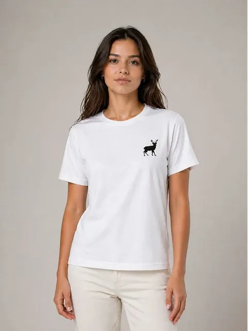 Kadın Minimal Geyik Logolu Tişört Bisiklet Yaka Kısa Kol Yazlık T-shirt - Beyaz