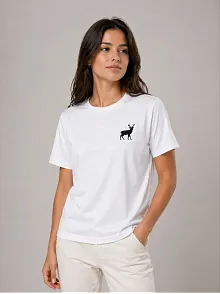 Kadın Minimal Geyik Logolu Tişört Bisiklet Yaka Kısa Kol Yazlık T-shirt - Beyaz