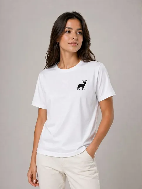 Kadın Minimal Geyik Logolu Tişört Bisiklet Yaka Kısa Kol Yazlık T-shirt - Beyaz