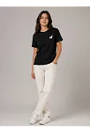 Kadın Minimal Geyik Logolu Tişört Bisiklet Yaka Kısa Kol Yazlık T-shirt - Siyah