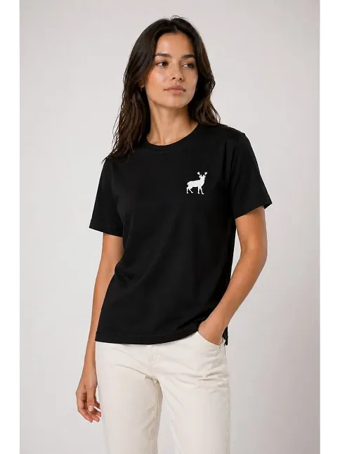 Kadın Minimal Geyik Logolu Tişört Bisiklet Yaka Kısa Kol Yazlık T-shirt - Siyah