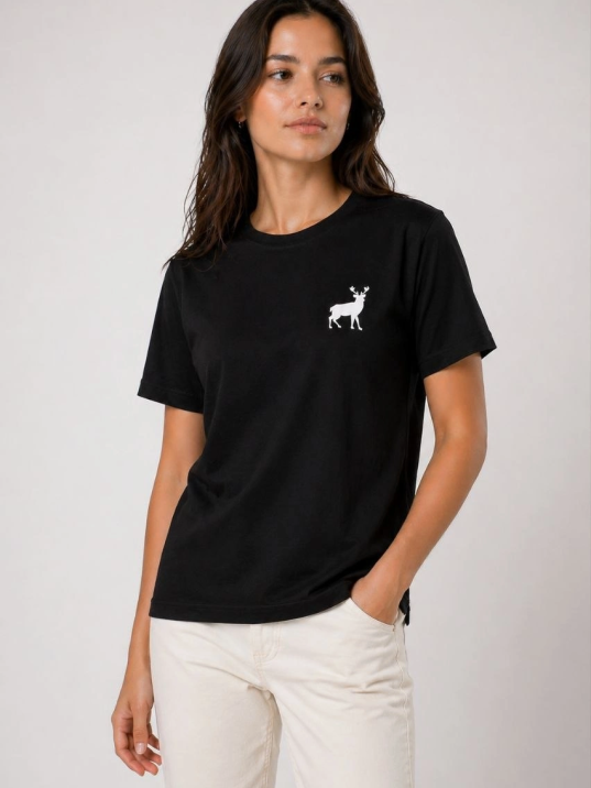 Kadın Minimal Geyik Logolu Tişört Bisiklet Yaka Kısa Kol Yazlık T-shirt - Siyah