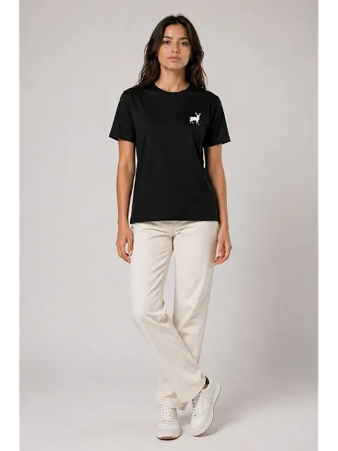 Kadın Minimal Geyik Logolu Tişört Bisiklet Yaka Kısa Kol Yazlık T-shirt - Siyah