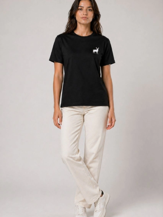 Kadın Minimal Geyik Logolu Tişört Bisiklet Yaka Kısa Kol Yazlık T-shirt - Siyah