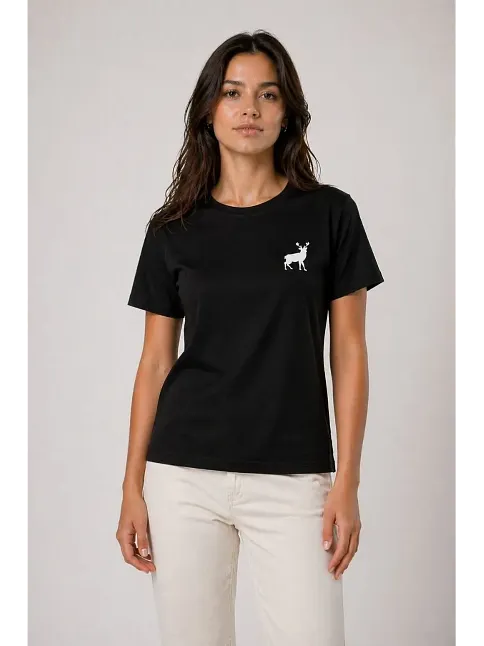 Kadın Minimal Geyik Logolu Tişört Bisiklet Yaka Kısa Kol Yazlık T-shirt - Siyah