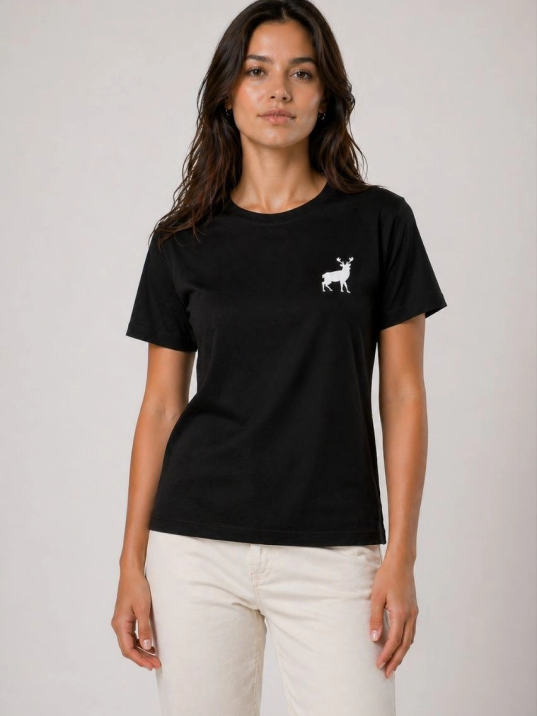 Kadın Minimal Geyik Logolu Tişört Bisiklet Yaka Kısa Kol Yazlık T-shirt - Siyah
