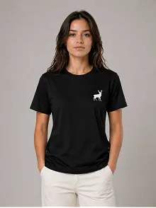 Kadın Minimal Geyik Logolu Tişört Bisiklet Yaka Kısa Kol Yazlık T-shirt - Siyah