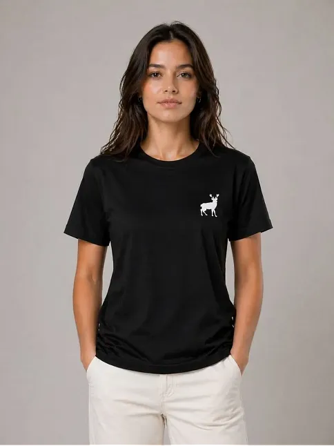 Kadın Minimal Geyik Logolu Tişört Bisiklet Yaka Kısa Kol Yazlık T-shirt - Siyah