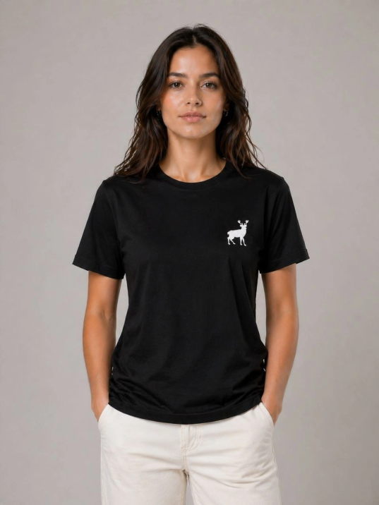 Kadın Minimal Geyik Logolu Tişört Bisiklet Yaka Kısa Kol Yazlık T-shirt - Siyah