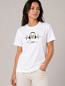 Kadın Müzik Temalı Baskılı Tişört Bisiklet Yaka Kısa Kol T-shirt - Beyaz