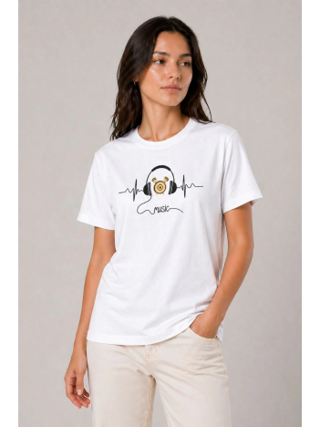 Kadın Müzik Temalı Baskılı Tişört Bisiklet Yaka Kısa Kol T-shirt - Beyaz