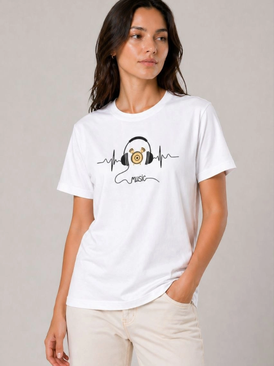 Kadın Müzik Temalı Baskılı Tişört Bisiklet Yaka Kısa Kol T-shirt - Beyaz