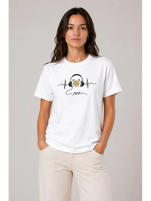 Kadın Müzik Temalı Baskılı Tişört Bisiklet Yaka Kısa Kol T-shirt - Beyaz Kadın Müzik Temalı Baskılı Tişört Bisiklet Yaka Kısa Kol T-shirt - Beyaz