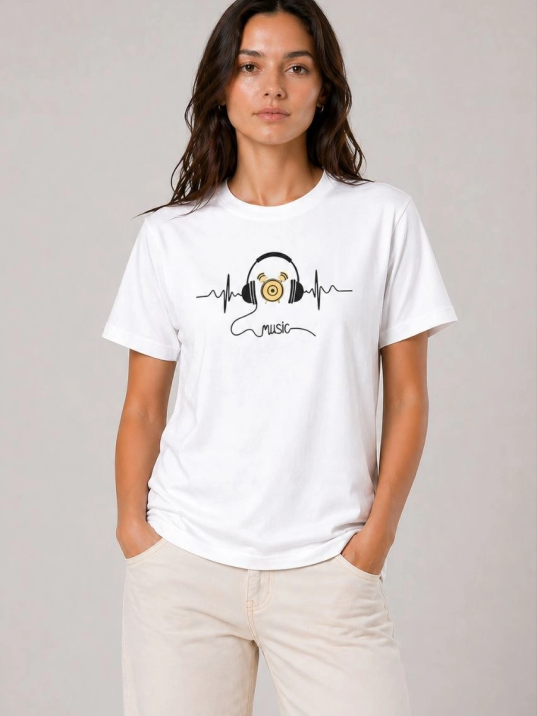 Kadın Müzik Temalı Baskılı Tişört Bisiklet Yaka Kısa Kol T-shirt - Beyaz