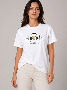 Kadın Müzik Temalı Baskılı Tişört Bisiklet Yaka Kısa Kol T-shirt - Beyaz