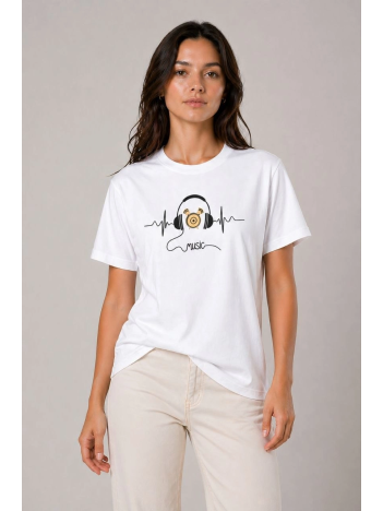 Kadın Müzik Temalı Baskılı Tişört Bisiklet Yaka Kısa Kol T-shirt - Beyaz