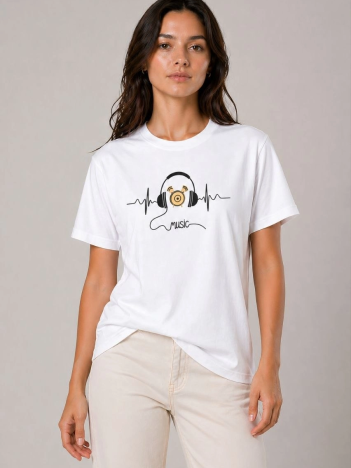 Kadın Müzik Temalı Baskılı Tişört Bisiklet Yaka Kısa Kol T-shirt - Beyaz