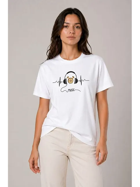 Kadın Müzik Temalı Baskılı Tişört Bisiklet Yaka Kısa Kol T-shirt - Beyaz Kadın Müzik Temalı Baskılı Tişört Bisiklet Yaka Kısa Kol T-shirt - Beyaz