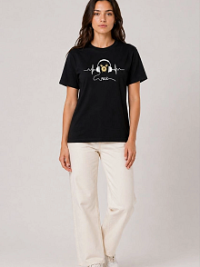 Kadın Müzik Temalı Baskılı Tişört Bisiklet Yaka Kısa Kol T-shirt - Siyah
