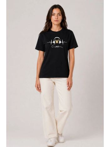 Kadın Müzik Temalı Baskılı Tişört Bisiklet Yaka Kısa Kol T-shirt - Siyah