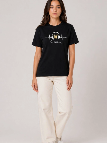 Kadın Müzik Temalı Baskılı Tişört Bisiklet Yaka Kısa Kol T-shirt - Siyah