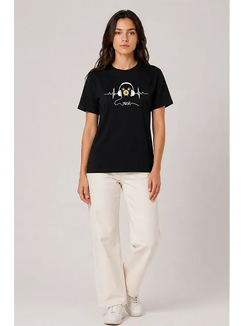 Kadın Müzik Temalı Baskılı Tişört Bisiklet Yaka Kısa Kol T-shirt - Siyah Kadın Müzik Temalı Baskılı Tişört Bisiklet Yaka Kısa Kol T-shirt - Siyah