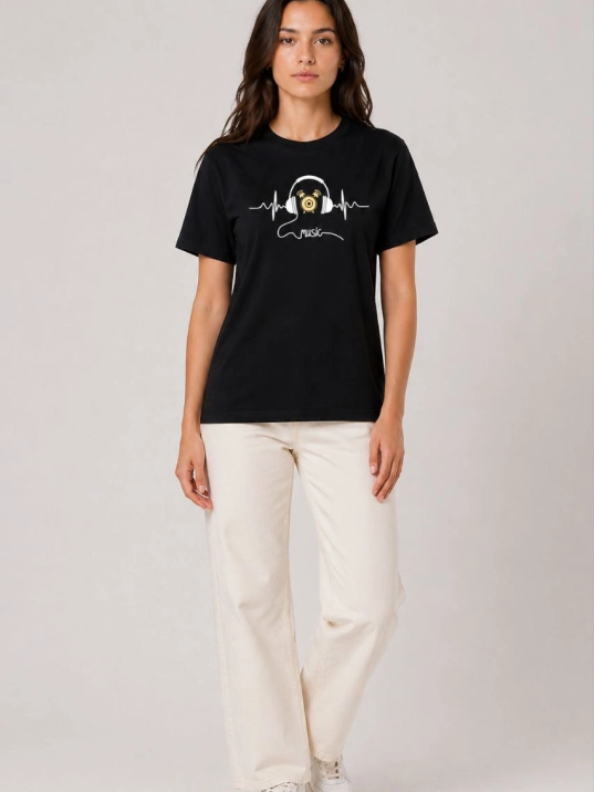 Kadın Müzik Temalı Baskılı Tişört Bisiklet Yaka Kısa Kol T-shirt - Siyah