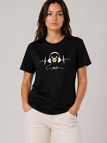 Kadın Müzik Temalı Baskılı Tişört Bisiklet Yaka Kısa Kol T-shirt - Siyah