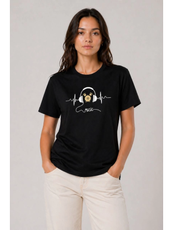Kadın Müzik Temalı Baskılı Tişört Bisiklet Yaka Kısa Kol T-shirt - Siyah