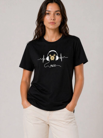 Kadın Müzik Temalı Baskılı Tişört Bisiklet Yaka Kısa Kol T-shirt - Siyah