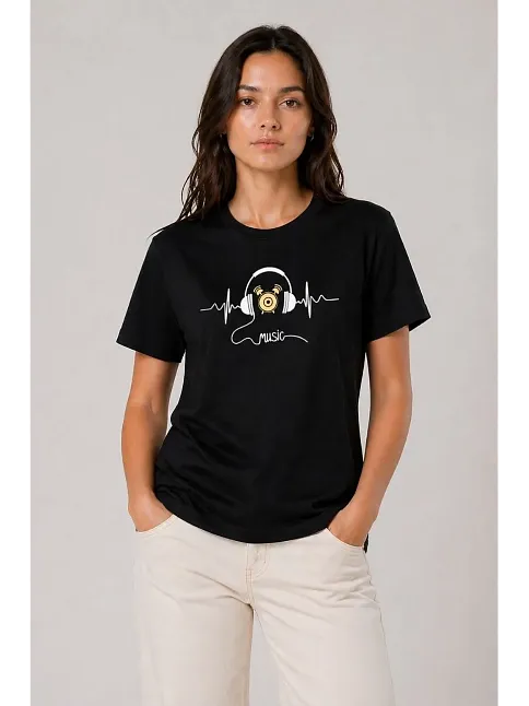 Kadın Müzik Temalı Baskılı Tişört Bisiklet Yaka Kısa Kol T-shirt - Siyah Kadın Müzik Temalı Baskılı Tişört Bisiklet Yaka Kısa Kol T-shirt - Siyah