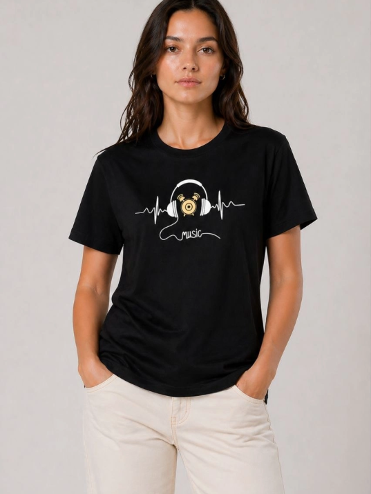 Kadın Müzik Temalı Baskılı Tişört Bisiklet Yaka Kısa Kol T-shirt - Siyah
