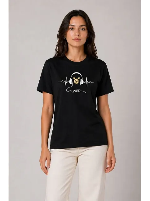 Kadın Müzik Temalı Baskılı Tişört Bisiklet Yaka Kısa Kol T-shirt - Siyah Kadın Müzik Temalı Baskılı Tişört Bisiklet Yaka Kısa Kol T-shirt - Siyah