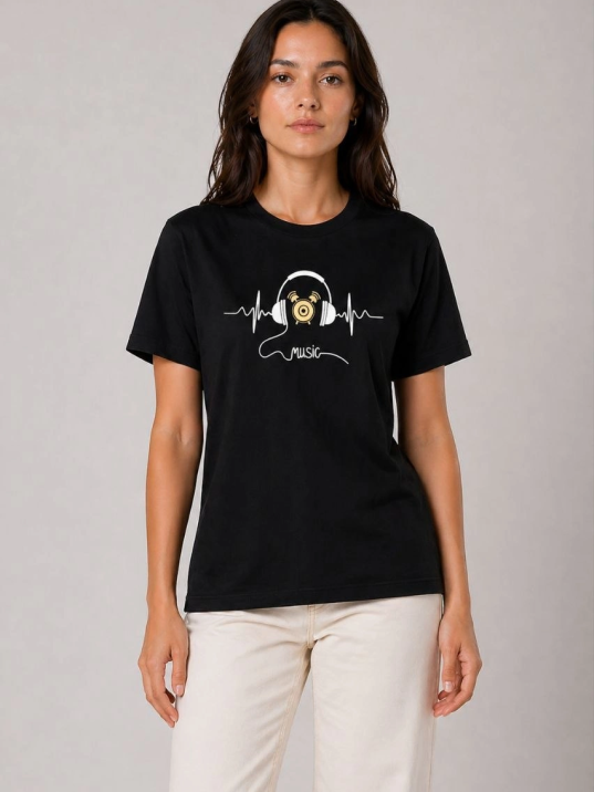 Kadın Müzik Temalı Baskılı Tişört Bisiklet Yaka Kısa Kol T-shirt - Siyah