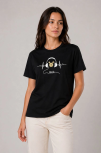 Kadın Müzik Temalı Baskılı Tişört Bisiklet Yaka Kısa Kol T-shirt - Siyah