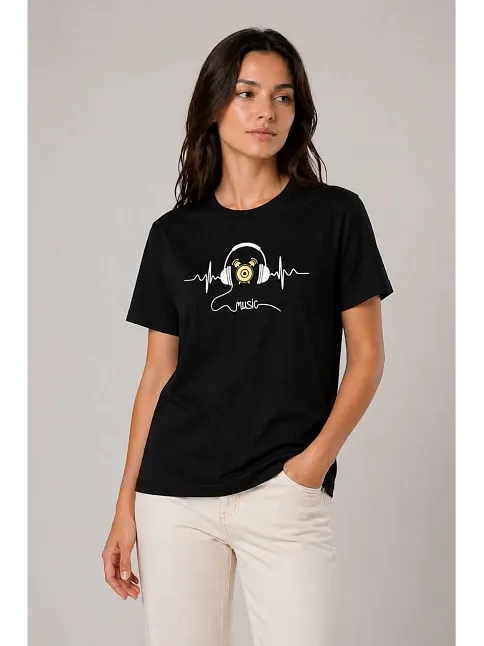Kadın Müzik Temalı Baskılı Tişört Bisiklet Yaka Kısa Kol T-shirt - Siyah Kadın Müzik Temalı Baskılı Tişört Bisiklet Yaka Kısa Kol T-shirt - Siyah