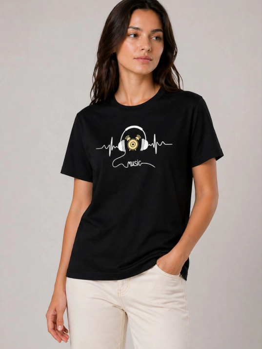 Kadın Müzik Temalı Baskılı Tişört Bisiklet Yaka Kısa Kol T-shirt - Siyah