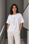 Kadın Minimal Gitar Baskılı Tişört T-shirt Yazlık Kısa Kol Bisiklet Yaka T-shirt  - Beyaz
