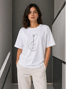 Kadın Minimal Gitar Baskılı Tişört T-shirt Yazlık Kısa Kol Bisiklet Yaka T-shirt  - Beyaz