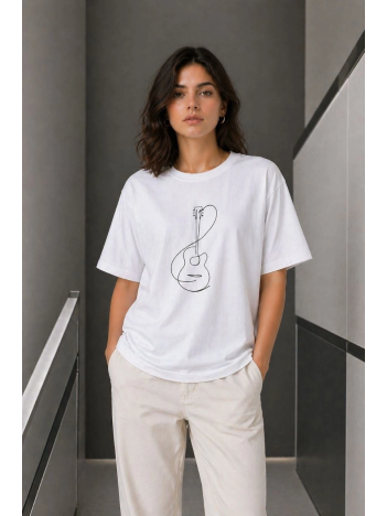 Kadın Minimal Gitar Baskılı Tişört T-shirt Yazlık Kısa Kol Bisiklet Yaka T-shirt  - Beyaz