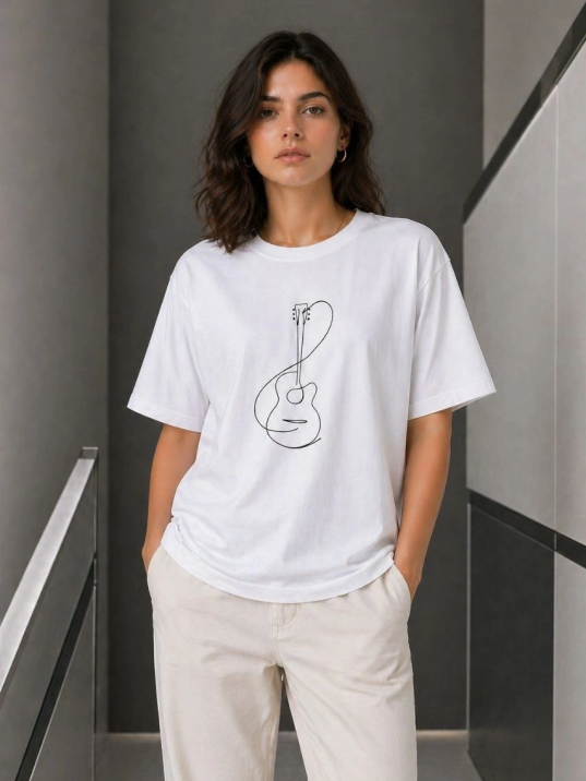 Kadın Minimal Gitar Baskılı Tişört T-shirt Yazlık Kısa Kol Bisiklet Yaka T-shirt  - Beyaz