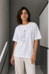 Kadın Minimal Gitar Baskılı Tişört T-shirt Yazlık Kısa Kol Bisiklet Yaka T-shirt  - Beyaz