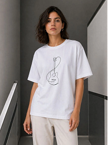 Kadın Minimal Gitar Baskılı Tişört T-shirt Yazlık Kısa Kol Bisiklet Yaka T-shirt  - Beyaz