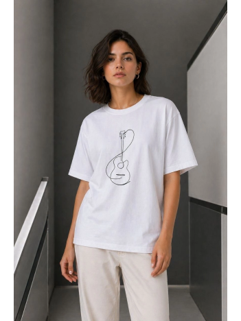 Kadın Minimal Gitar Baskılı Tişört T-shirt Yazlık Kısa Kol Bisiklet Yaka T-shirt  - Beyaz