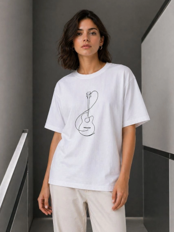 Kadın Minimal Gitar Baskılı Tişört T-shirt Yazlık Kısa Kol Bisiklet Yaka T-shirt  - Beyaz