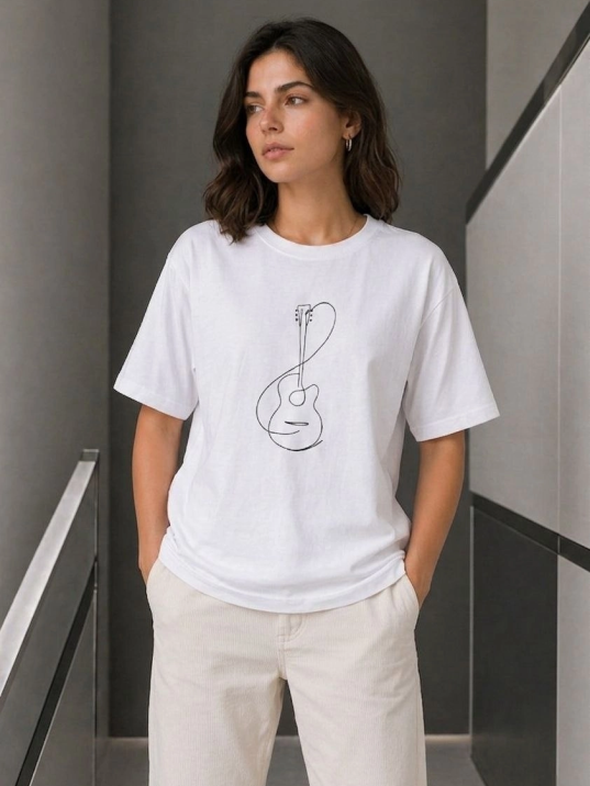 Kadın Minimal Gitar Baskılı Tişört T-shirt Yazlık Kısa Kol Bisiklet Yaka T-shirt  - Beyaz