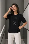 Kadın Minimal Gitar Baskılı Tişört T-shirt Yazlık Kısa Kol Bisiklet Yaka T-shirt - Siyah